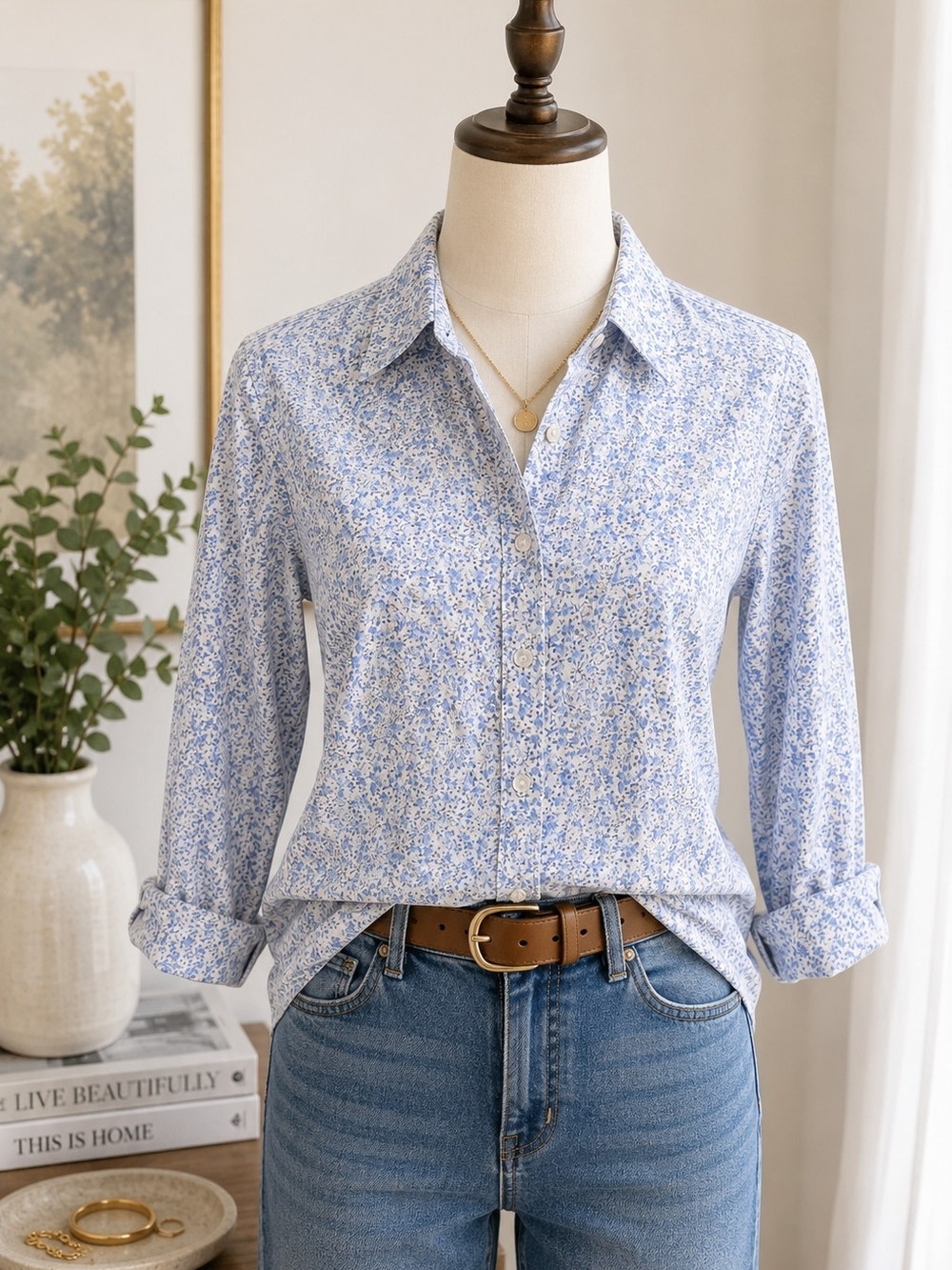 Eddie Bauer Blue Floral 100% Cotton Button Front Shirt | Medium